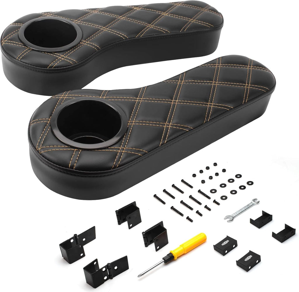 NOKINS Golf Cart Diamond Flip Armrest with Cup Holder, No Drilling, Inward Installation for Club Car EzGo Yamaha Rear Seat Kit Black