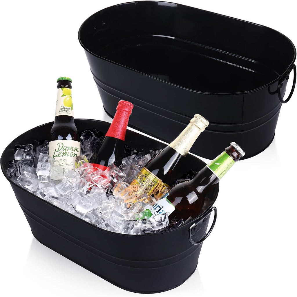 Cubos de hielo de metal galvanizados para bebidas, 2 unidades, para coctelería, 3 galones, para vino, cerveza y otras bebidas, con asas. Cubo grande para bebidas, ideal para mimosas y fiestas. 15 x 9.6 x 6 pulgadas (negro).