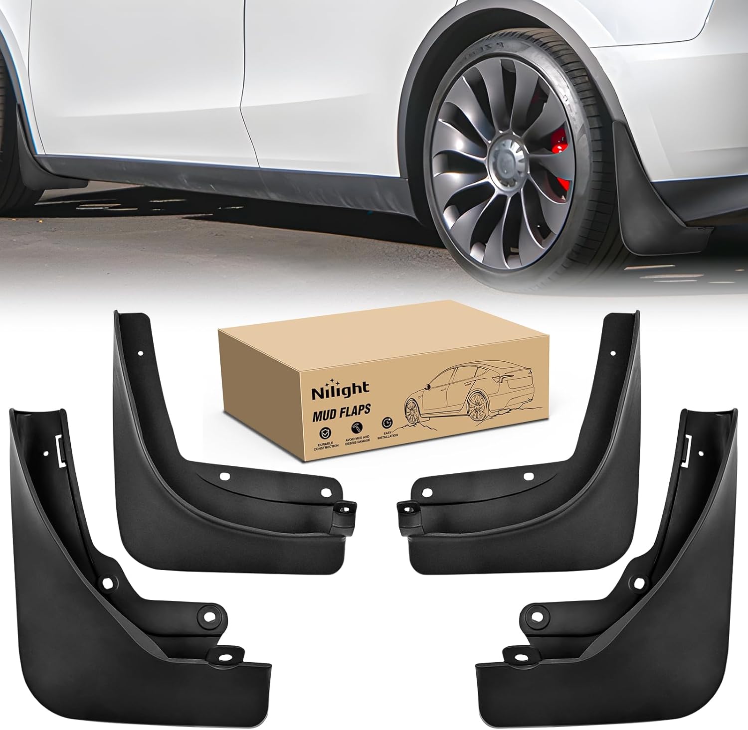 Nilight Mud Flaps for Tesla Model Y 2020 2021 2022 2023 2024 2025, No Drilling Precision Fit Exterior Accessories Heavy-Duty Splash Guards Protection, Front & Rear Set