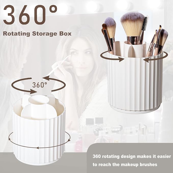 Anyoifax Soporte Organizador de Brochas de Maquillaje Giratorio 360° Contenedor de Brochas de Maquillaje para Tocador, Taza de Almacenamiento de Cosméticos Giratoria, Rayas Blancas