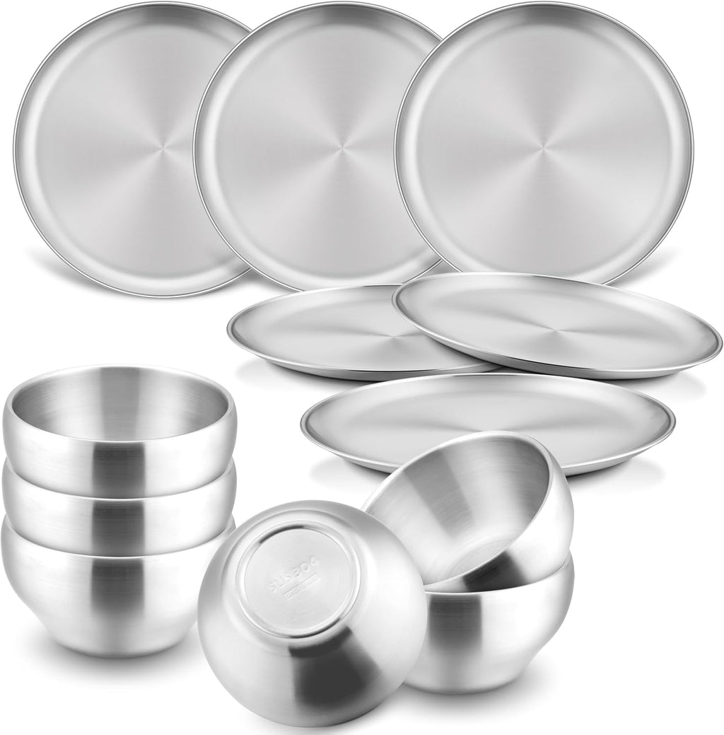 Juego de platos y cuencos HaWare Kids, 12 piezas, acero inoxidable, vajilla reutilizable para camping, senderismo, viajes y picnics. Vajilla no tóxica para niños que comen solos, apta para lavavajillas.