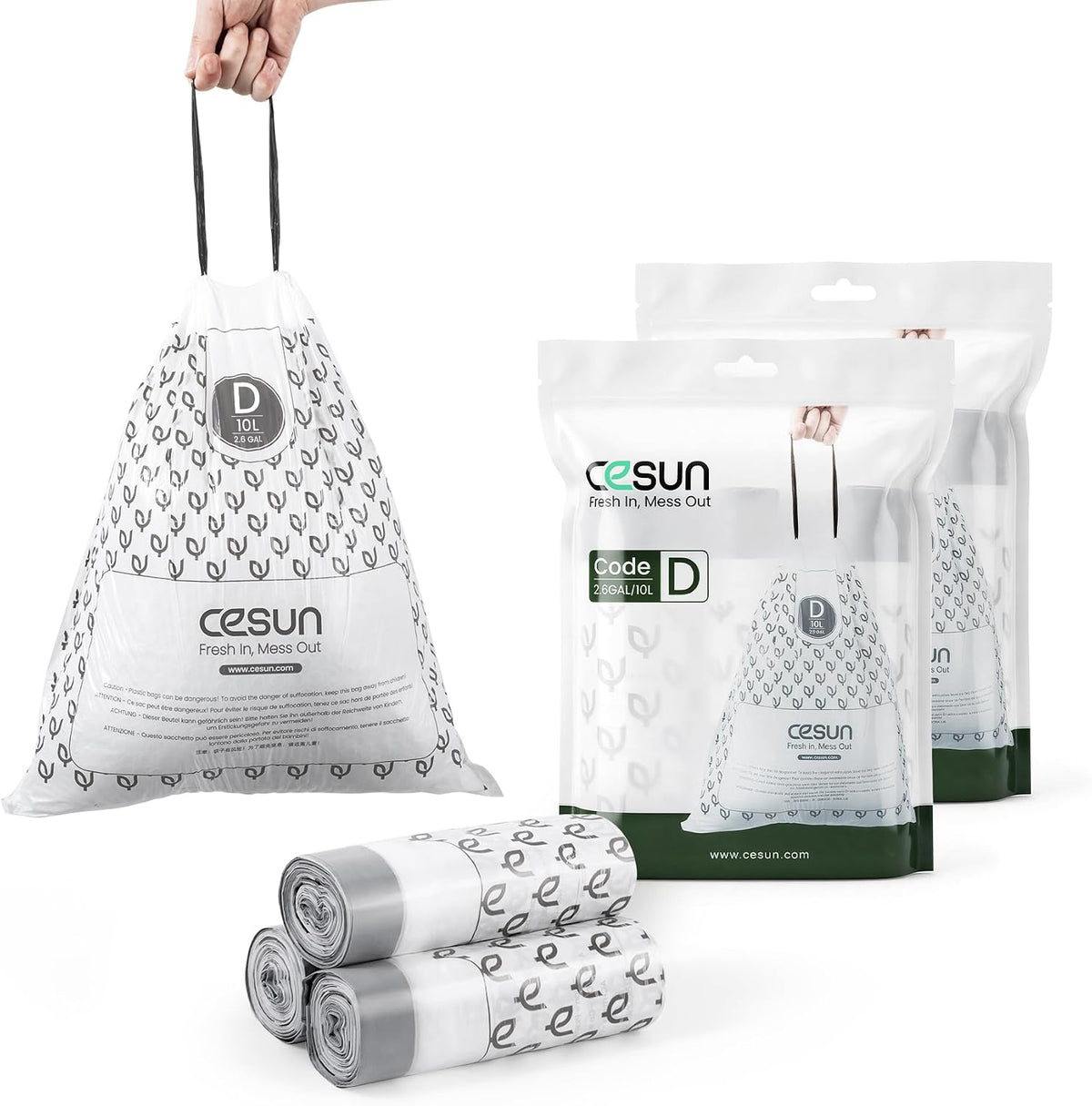 Bolsas de basura con cordón Cesun Code D, paquete de 90 unidades, precortadas, para cubos de basura pequeños de 2,6 galones/10 litros, color blanco.