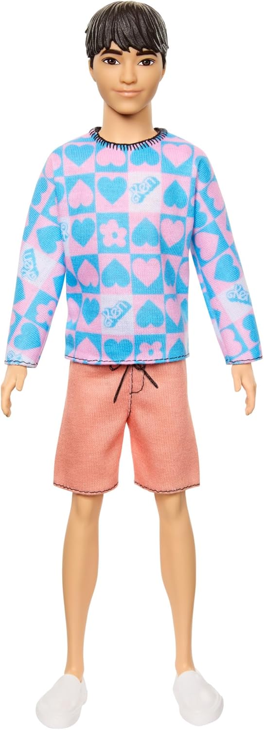 Barbie Fashionistas Muneco Ken #219 | Cuerpo Delgado | Con Camisa Rosa y Azul Estampada de Manga Larga Removible y Shorts