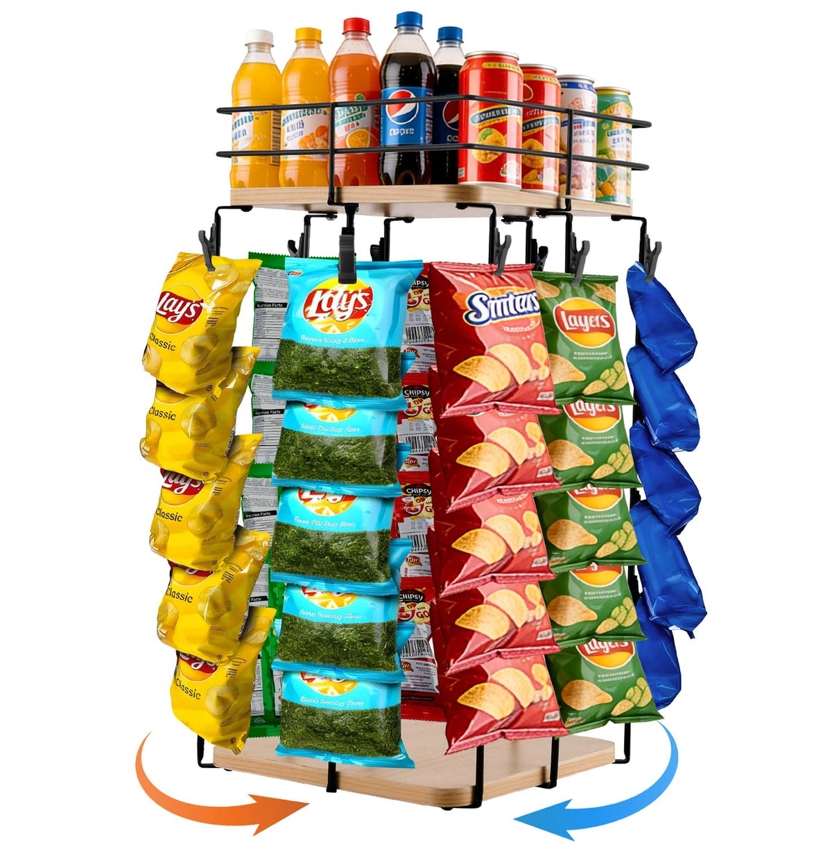 Expositor de aperitivos de 5 niveles con rotación de 360°, cesta superior para bebidas y botes de especias, 40 clips y bandeja para aperitivos, ideal para tiendas, cocinas, fiestas y mostradores de venta al por menor (base cuadrada, color beige).