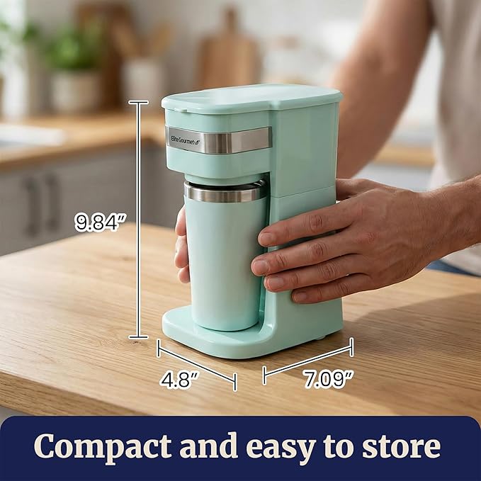 Elite Gourmet EHC113M Cafetera compacta personal de una sola porción, incluye taza térmica de viaje de acero inoxidable de 14 oz