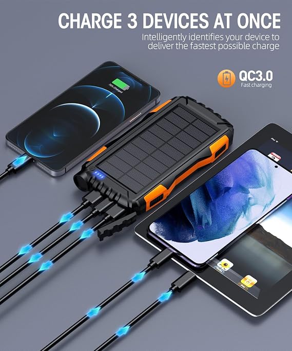 Power Bank con cargador solar - Power Bank de 42800 mAh, cargador portátil, batería externa de 5 V 3,1 A con carga rápida Qc 3.0 y linterna superbrillante integrada (naranja). (Copia)
