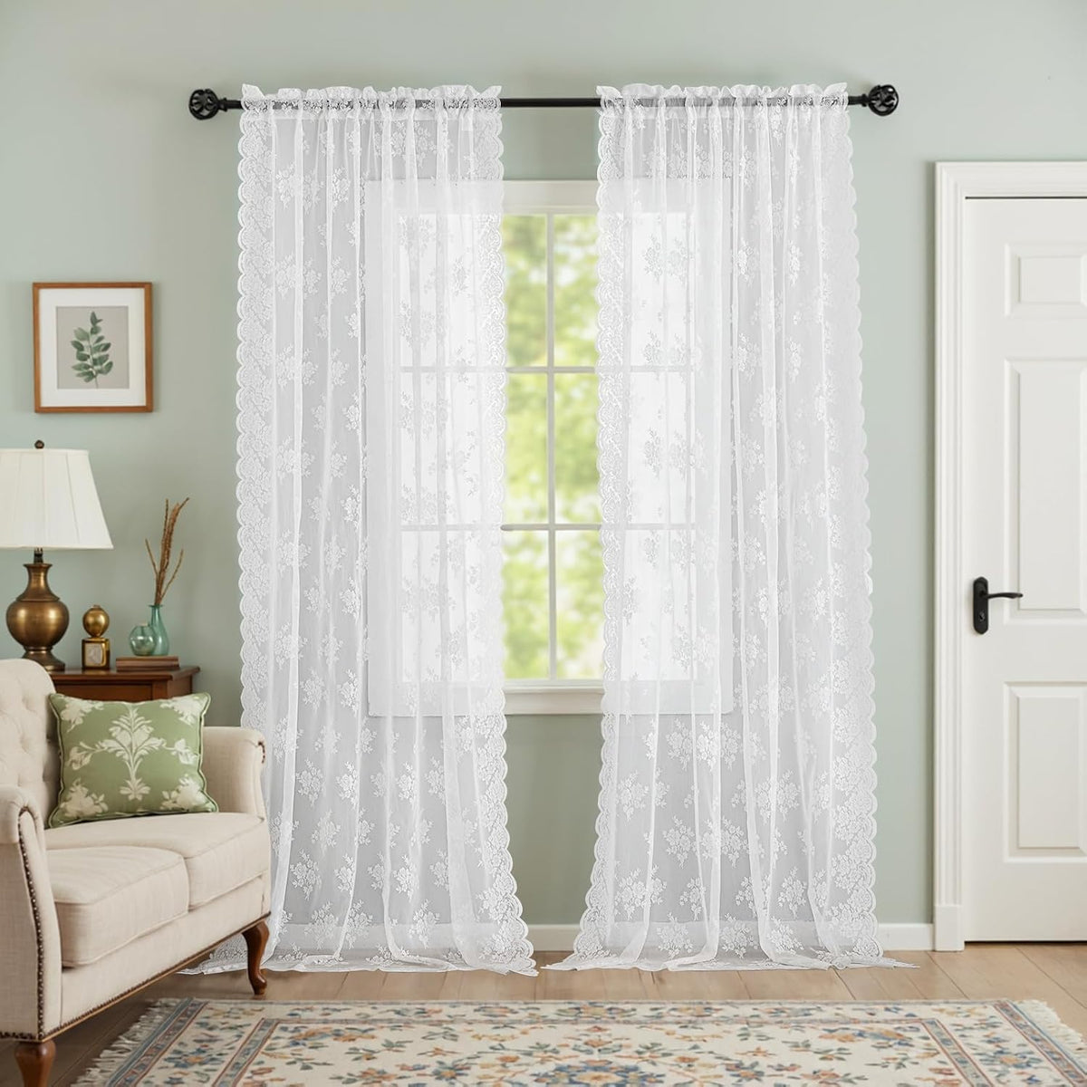 Cortinas de encaje blanco Kotile para dormitorio, 52 x 94 pulgadas, 2 paneles, estilo rústico campestre, floral, vintage, con bolsillo para barra, que filtran la luz y brindan privacidad. Cortina transparente para ventana.
