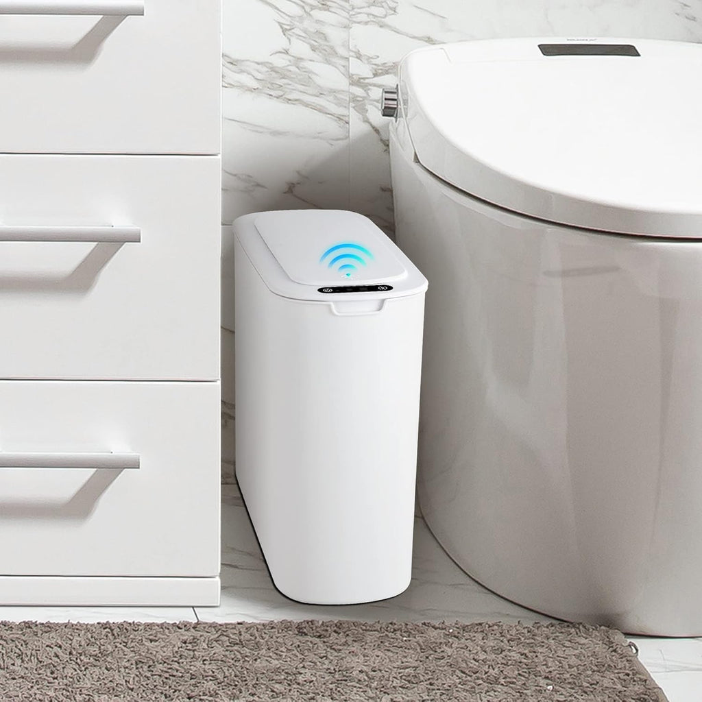 Papelera de baño automática con sensor de movimiento Cesun con tapa, 2.6 galones, sin contacto, de plástico inteligente y delgada, papelera pequeña blanca para inodoro, oficina, caravana, dormitorio, sala de estar.