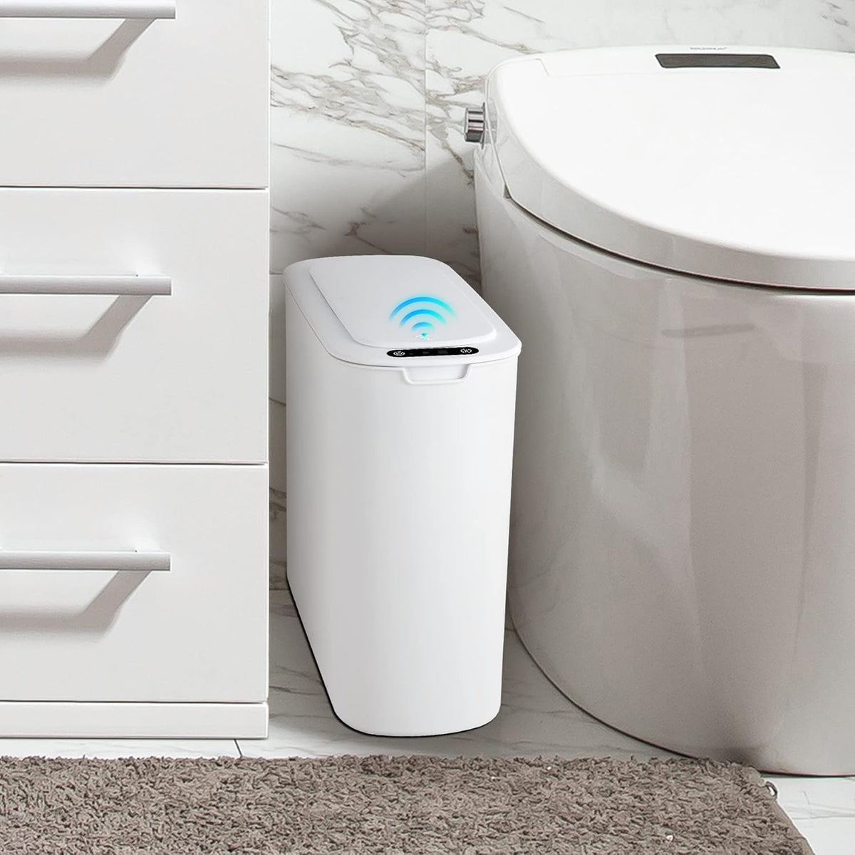 Papelera de baño automática con sensor de movimiento Cesun con tapa, 2.6 galones, sin contacto, de plástico inteligente y delgada, papelera pequeña blanca para inodoro, oficina, caravana, dormitorio, sala de estar.