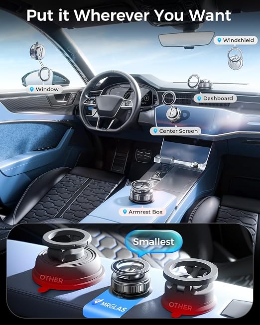 Soporte magnético giratorio de 360° para teléfono móvil MRGLAS 2025 mejorado para coche con ventosa Magsafe, [Potencia de succión de más de 109 libras y imán más potente de 2800 gf] para coche/gimnasio/espejo/cocina