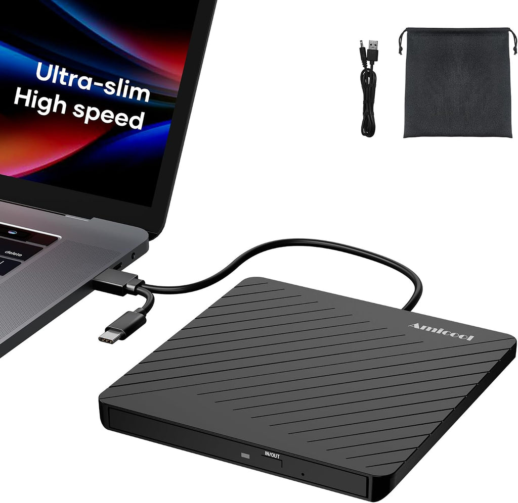 NO INCLUYE EL BOLSO DE TELA. Unidad de CD/DVD Externa Amicool USB-C USB 3.0 | Grabador +/-RW Ultradelgado y Portátil | Para Mac, MacBook, Windows 11/10/8 y Linux