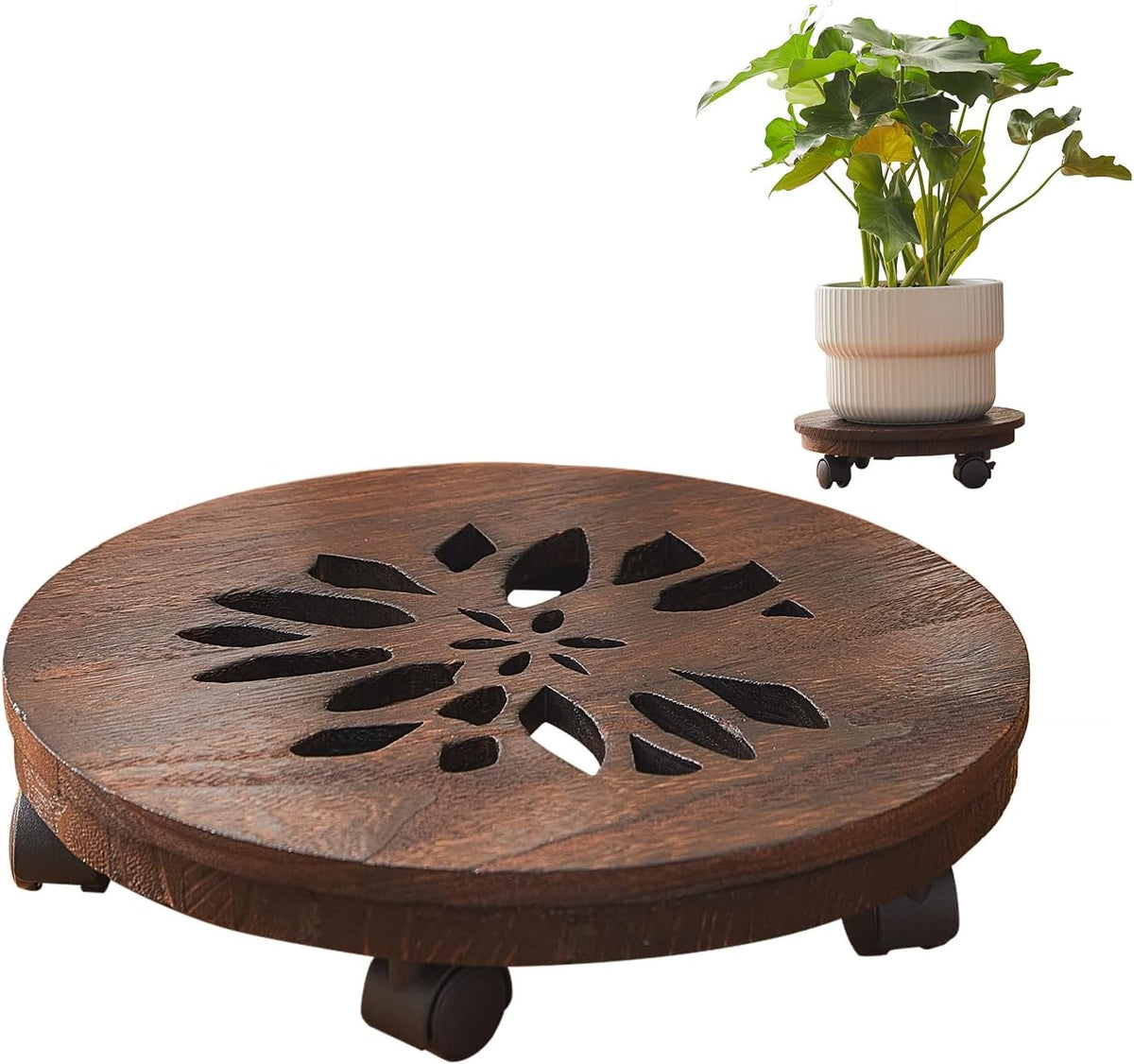 Soporte de Madera GZQWDC para Plantas de Interior | con Ruedas Bloqueables | Base Rodante Resistente para Macetas | Cafe 13 Pulgadas