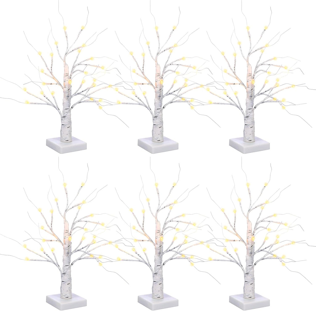 Macarrie - 6 abedules con luces LED, decoración navideña para bodas, ramas artificiales blancas iluminadas, funciona con pilas o USB, centro de mesa brillante, regalo para interiores (45 cm) 