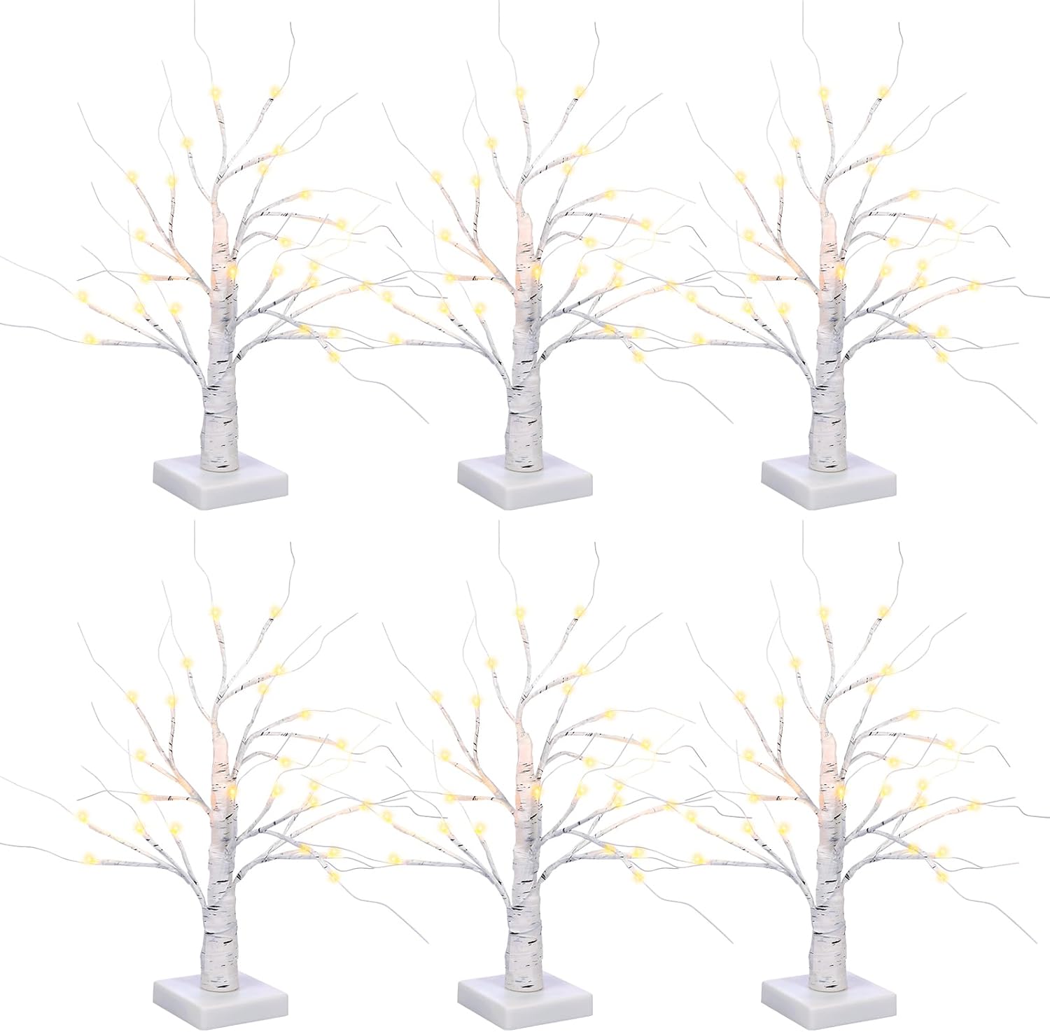 Macarrie - 6 abedules con luces LED, decoración navideña para bodas, ramas artificiales blancas iluminadas, funciona con pilas o USB, centro de mesa brillante, regalo para interiores (45 cm) 