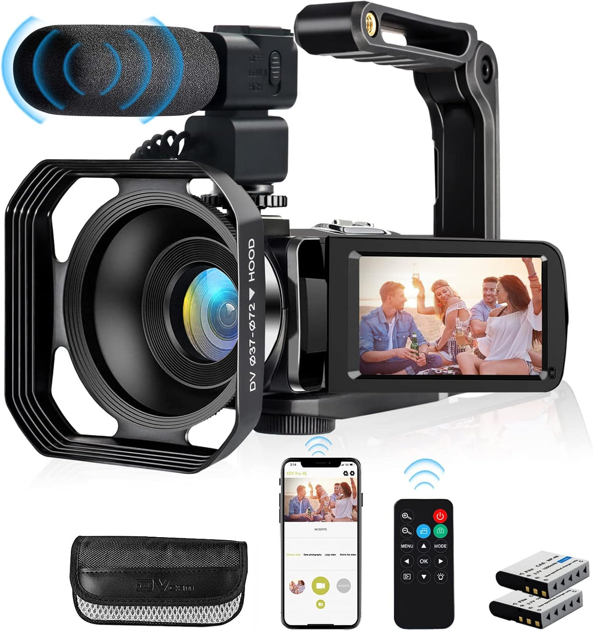 Videocámara 4K Ultra HD 48MP con WiFi – Cámara Vlogging para YouTube con Zoom 18X, Pantalla Táctil 7.6 cm, Micrófono, Estabilizador, Parasol, Control Remoto y 2 Baterías