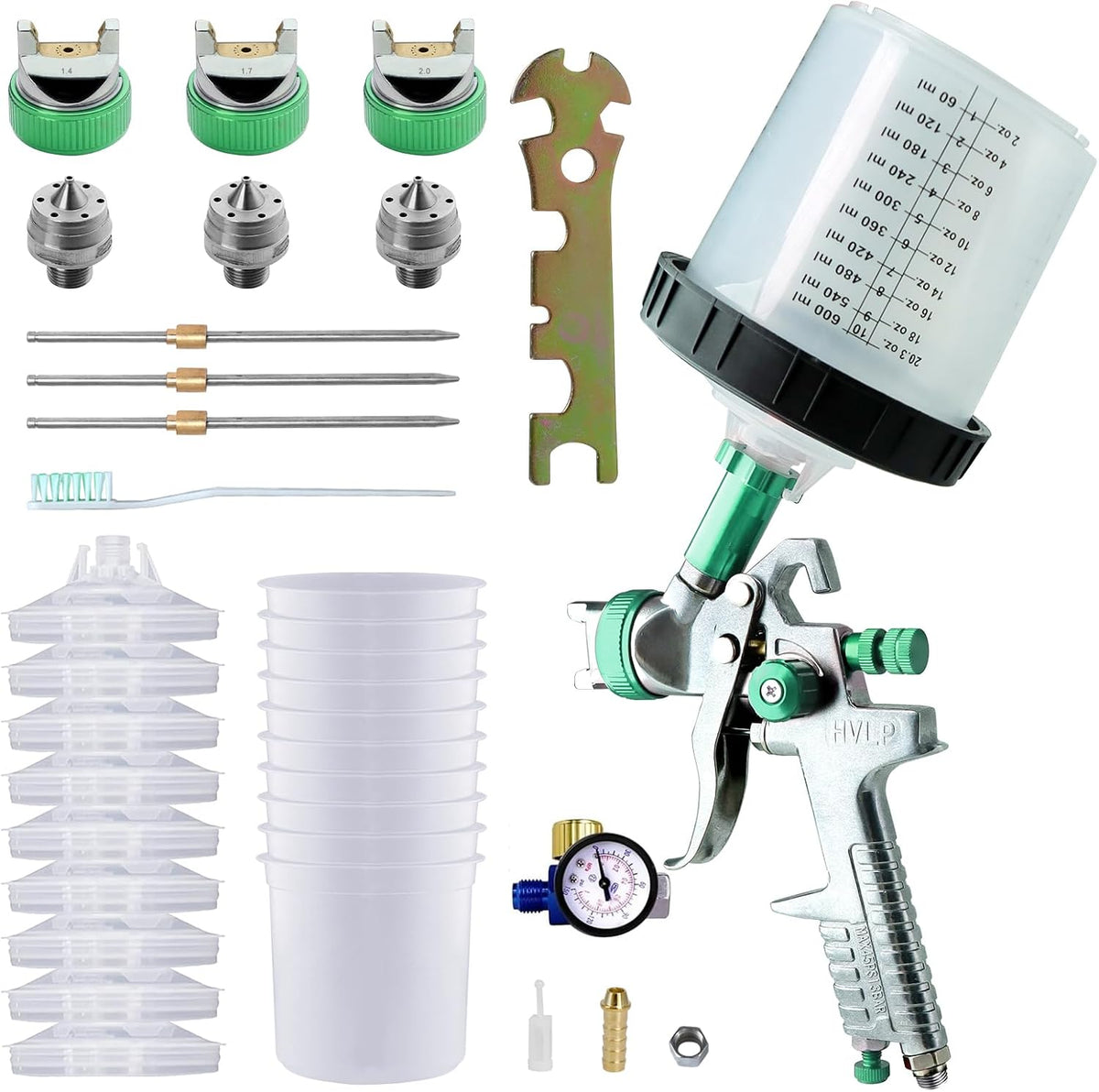Pistola pulverizadora de pintura con vaso mezclador rápido, kit de pistola pulverizadora HVLP que contiene boquillas de 1,4, 1,7 y 2,0 mm y 10 vasos desechables de 600 ml para pintar coches, muebles y vallas (verde).