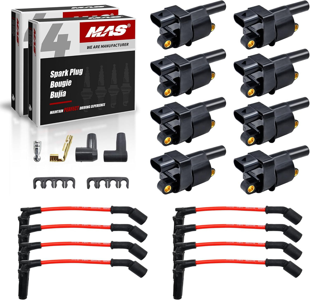 Juego de 8 bobinas de encendido cuadradas MAS, 8 bujías de iridio y cable rojo de 8,5 mm, compatible con Chevy, Cadillac, GMC, Suburban, Silverado, CTS, Sierra, Camaro, Avalanche, Colorado. Reemplazo para UF414.