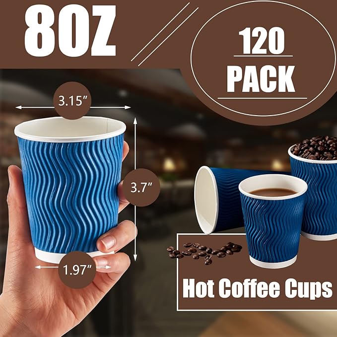 Lamosi Pack de 120 Vasos Desechables de Café 8 oz con Pared Ondulada Kraft – Aislados para Bebidas Calientes y Frías, Color Azul Marino