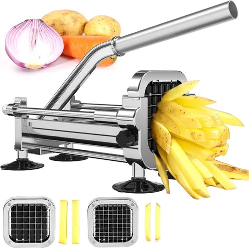 USADO-Cortador de patatas fritas, cortador de patatas de acero inoxidable con cuchillas de 1/2 pulgada y 3/8 pulgadas, cortador manual, hoja de 1/2 y 3/8