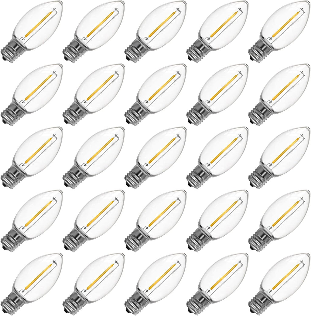 Meconard Bombilla Luz Navidad C9 LED Reemplazo, 25 Pack Bombillas LED C9 Resistentes Rotura Luces Navidad Exteriores, Base Intermedia E17, Bombillas Navidad Grado Comercial, Blanco Cálido