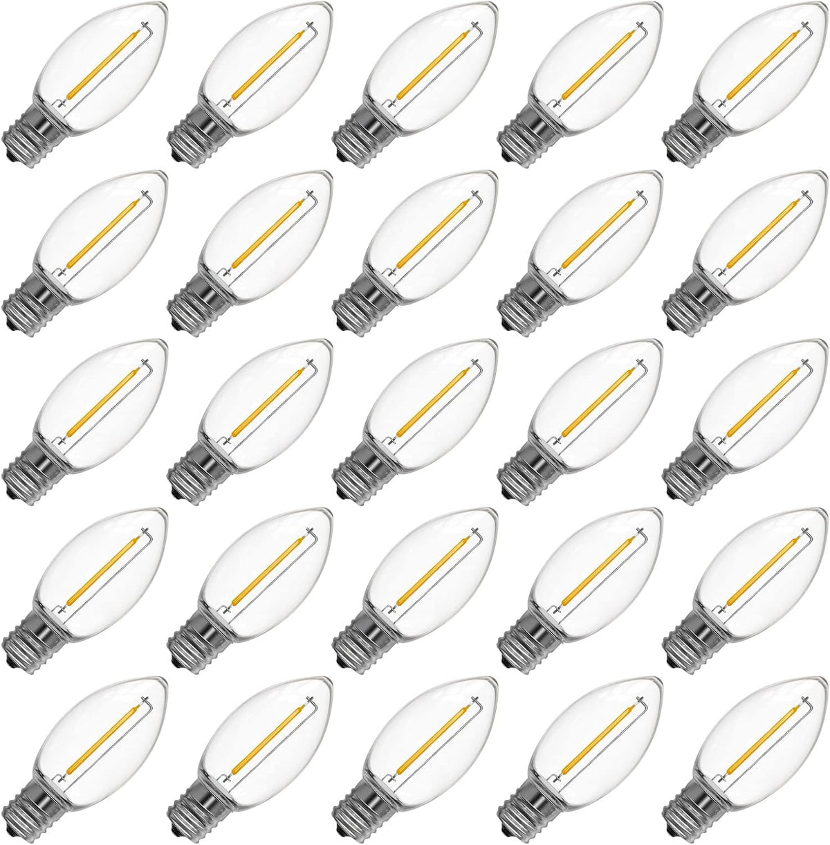 Meconard Bombilla Luz Navidad C9 LED Reemplazo, 25 Pack Bombillas LED C9 Resistentes Rotura Luces Navidad Exteriores, Base Intermedia E17, Bombillas Navidad Grado Comercial, Blanco Cálido