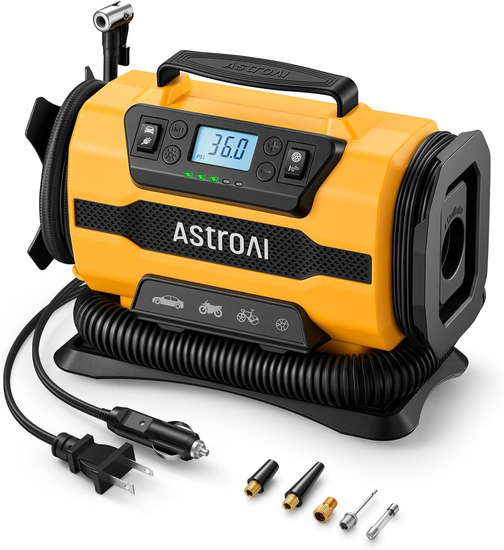 AstroAI M1 Compresor de Aire Portátil 150 PSI | 12V CC / 110V CA | Doble Motor Metálico | ⚠️ No incluye medídor de presión
