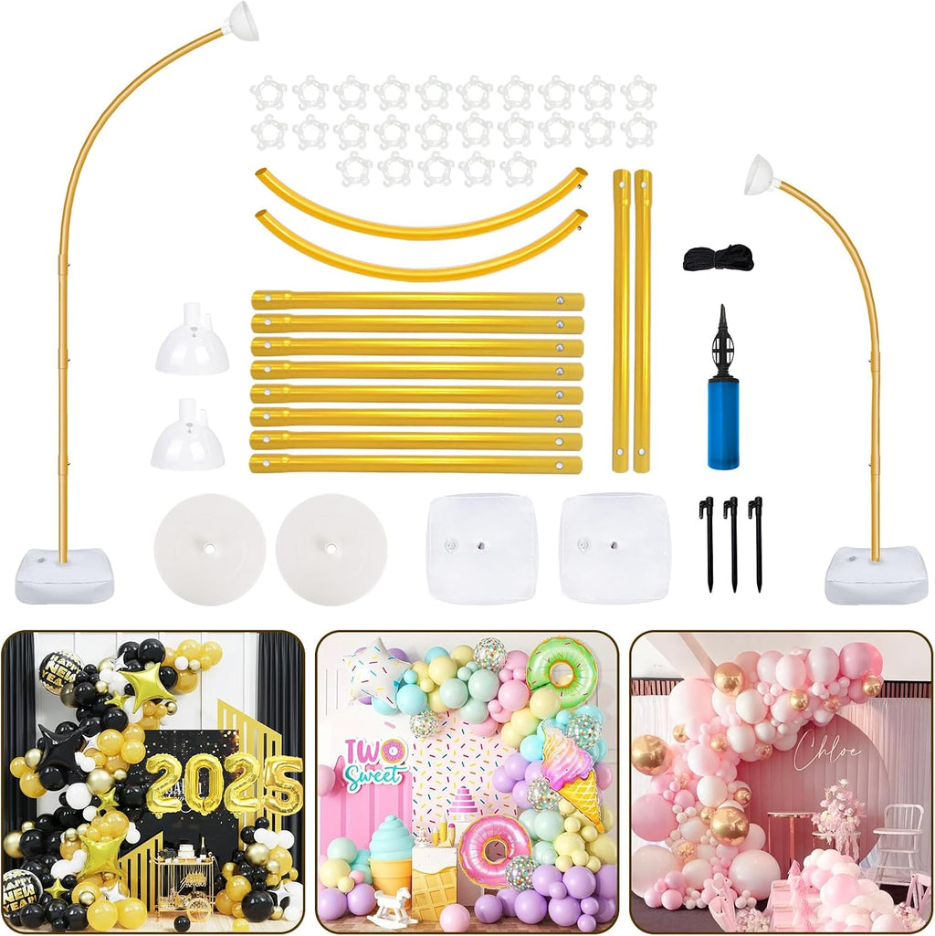 USADO-AerWo Kit de Arco de Globos Mejorado 2.5m+1.8m | Base con Soporte Dorado para Medio Arco | Marco Curvo Flexible para Piso | Cumpleaños, Bodas y Navidad