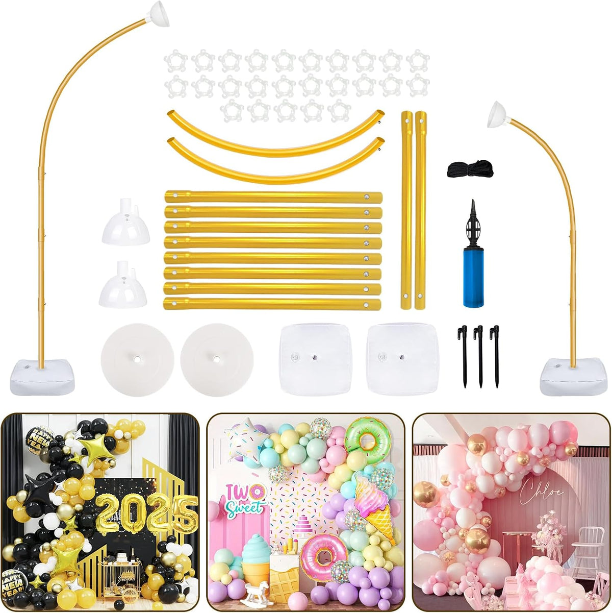 USADO-AerWo Kit de Arco de Globos Mejorado 2.5m+1.8m | Base con Soporte Dorado para Medio Arco | Marco Curvo Flexible para Piso | Cumpleaños, Bodas y Navidad
