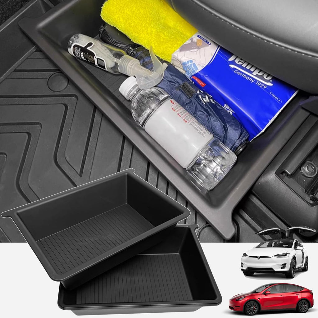 LEVES RALLADURAS EN PARTE INFERIOR. Organizador Qlhshop bajo el Asiento para Tesla Model X/Y | Caja de Almacenamiento Oculta 2020-2025 | ABS + TPE | Accesorios Interiores | Regalo para Duenos de Tesla