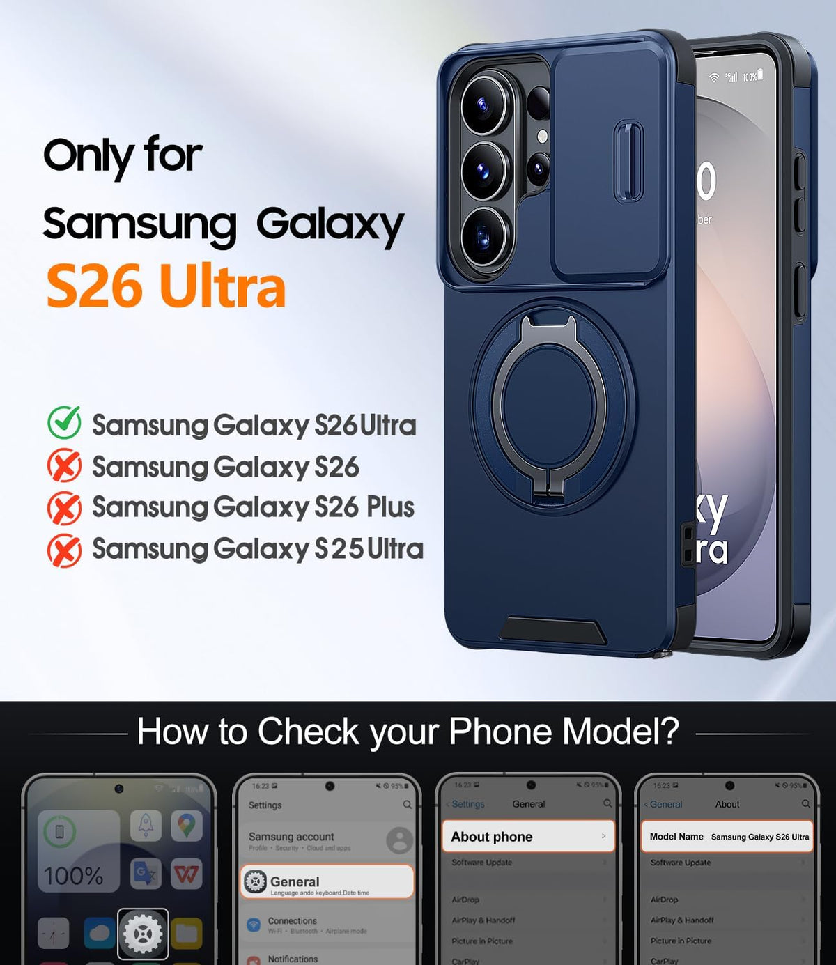 JAME Funda para Samsung Galaxy S26 Ultra con soporte de anillo y cubierta