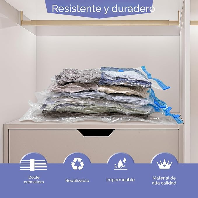 Paquete de 10 bolsas de almacenamiento al vacío jumbo con bomba de mano, 80% de ahorro de espacio de almacenamiento, bolsas de sellado al vacío resistentes sin fugas ahorradoras de espacio para ropa