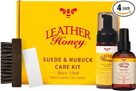 Kit de cuidado para cuero, gamuza y nobuk color miel: limpiador, protector, cepillo y borrador.