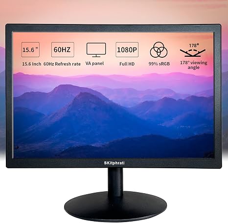 Monitor LED SKitphrati 15.6 Pulgadas | FHD 1080P VA | 99% sRGB | HDMI VGA | Soporte VESA | Negro