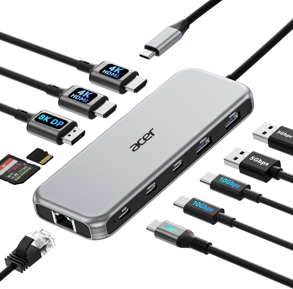 Estación de Acoplamiento para Computadora Acer 3 Monitores, Estación de Acoplamiento USB C 11 en 1 con 8K DP, HDMI 4K@60Hz, Datos 10Gbps, Hub Ethernet 1 Gbps, Entrega de Energía 100W, SD/TF, Adaptador Hub USB C Multipuerto