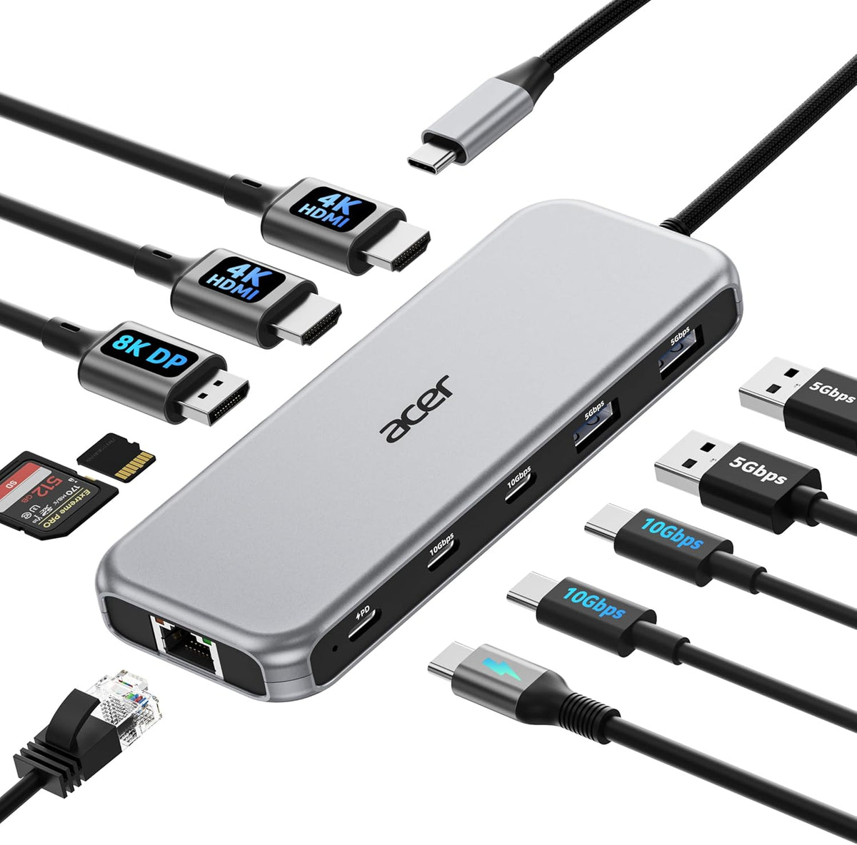 Estación de Acoplamiento para Computadora Acer 3 Monitores, Estación de Acoplamiento USB C 11 en 1 con 8K DP, HDMI 4K@60Hz, Datos 10Gbps, Hub Ethernet 1 Gbps, Entrega de Energía 100W, SD/TF, Adaptador Hub USB C Multipuerto