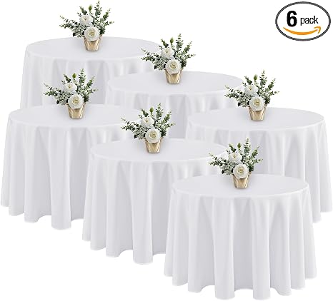 Paquete de 6 Manteles Redondos Blancos 70" – Tela de Poliéster Resistente a Manchas, Lavables – Bodas, Fiestas y Banquetes