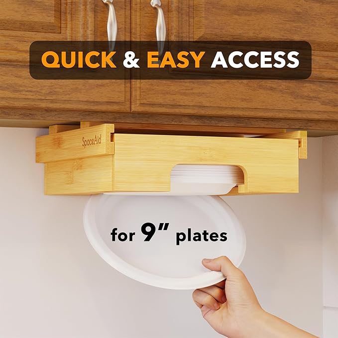 SpaceAid Dispensador de platos de papel de 9 y 12 pulgadas, soporte para platos de bambú debajo del gabinete, soportes verticales para encimera de cocina