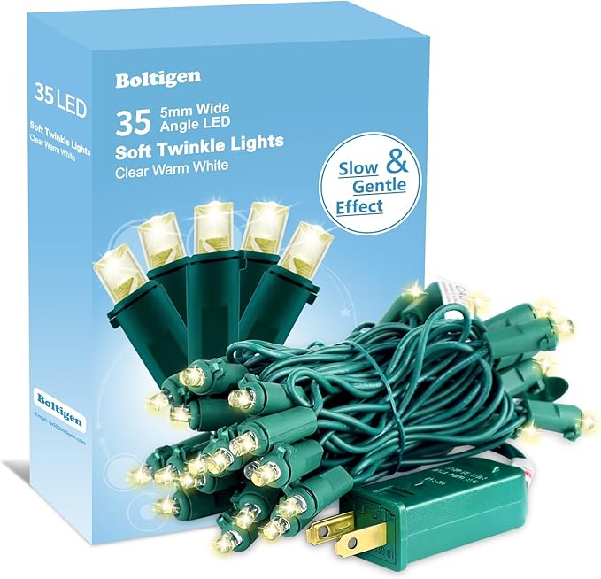 Boltigen - Tiras de luces navideñas suaves parpadeantes, 35 luces LED claras de color blanco cálido, mini tiras de luces, 5mm de ancho de ángulo, brillo lento, certificación UL, 3 metros, enchufables