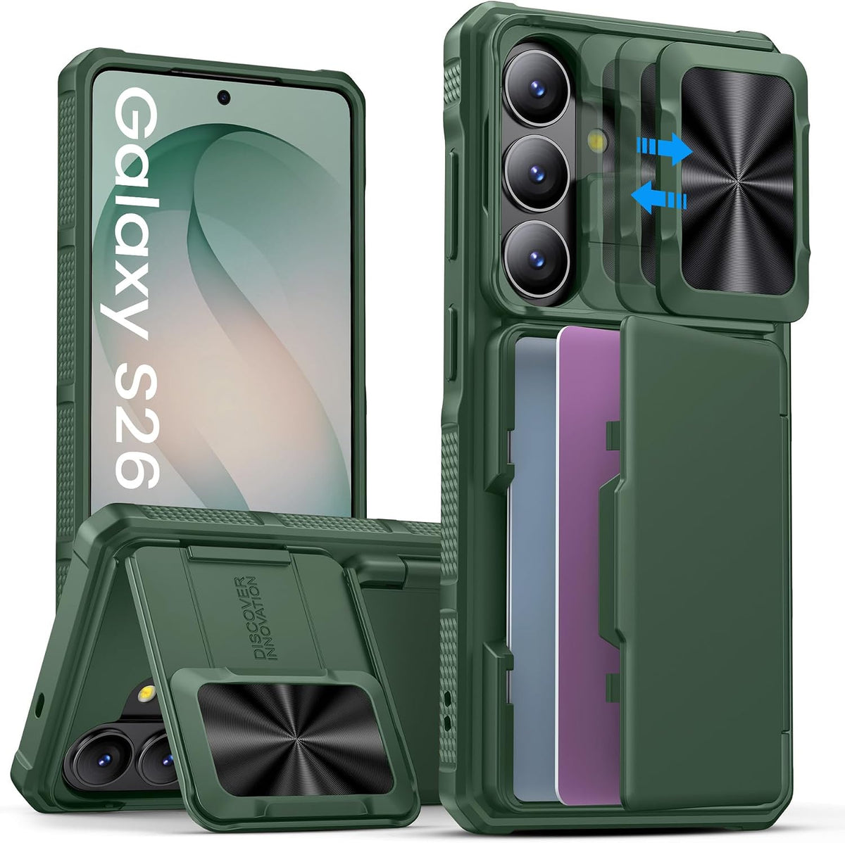 Funda SSLOTSCASE para Samsung Galaxy S26 con tarjetero, soporte, tapa deslizante para lente y base, funda protectora multifuncional tipo cartera para Samsung Galaxy S26 de 6.3'', color verde.