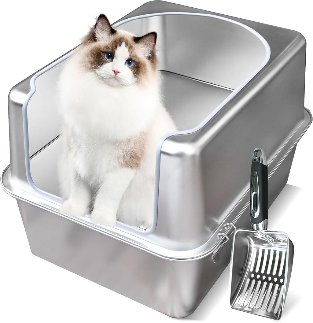 Arenero de acero inoxidable Aothey con tapa y pala metálicas - Arenero metálico cerrado para gatos grandes, resistente a la corrosión, con control de olores, fácil de limpiar, duradero y de larga duración con borde redondeado (L)
