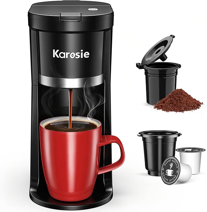 Cafetera pequeña de una sola porción, preparación rápida para K-Cup y café molido, tamaños de preparación de 6 a 12 onzas, cafetera de una sola taza con un botón, cafetera con recordatorio de descalcificación