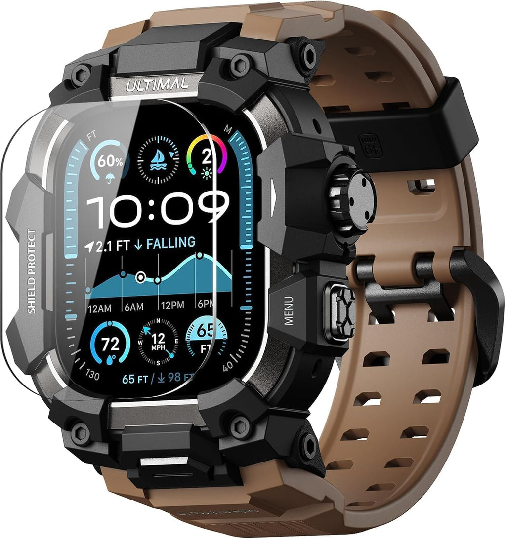 Funda resistente ULTIMAL con correa para Apple Watch de 49 mm, compatible con Apple Watch Ultra 3/2/1, cubierta protectora antigolpes de grado militar para iWatch Tactical Band para hombre (marrón café, 49 mm)