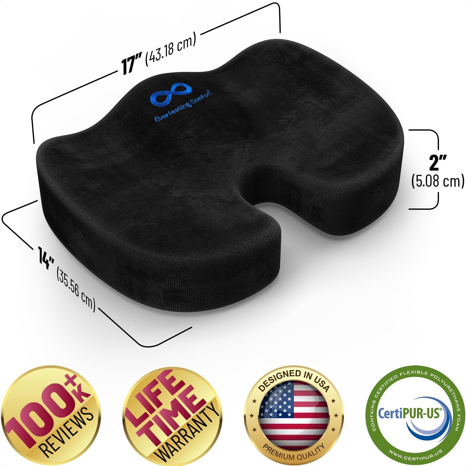Everlasting Comfort Doctor Recommended Memory Foam Seat Cushion for Office Chairs & Car - Ergonomic Office Desk Accessories - Cushions for Tailbone Pain Relief, Sciatica (Black Upgraded, Large)