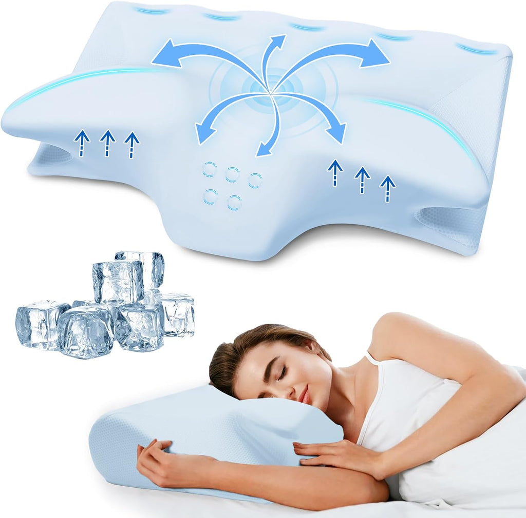 Almohada Cervical de Espuma Viscoelastica para Dolor de Cuello | Contorno Ergonomico | Soporte Refrescante para Dormir de Lado, Boca Arriba o Abajo (Negro)
