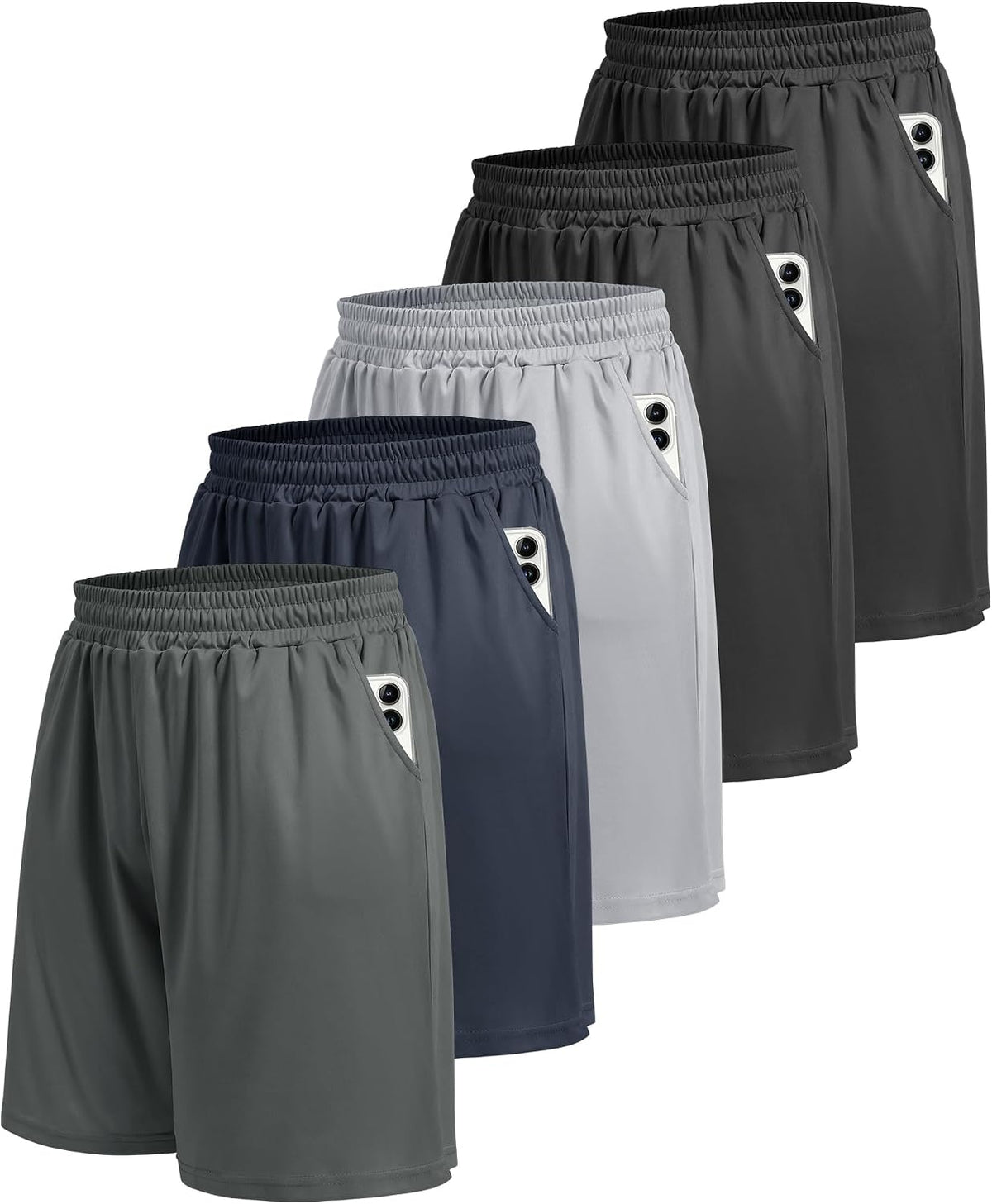 BOOJO Pack de 5 pantalones cortos deportivos para hombre - Pantalones cortos de baloncesto negros de secado rápido con bolsillos para correr y ropa deportiva informal