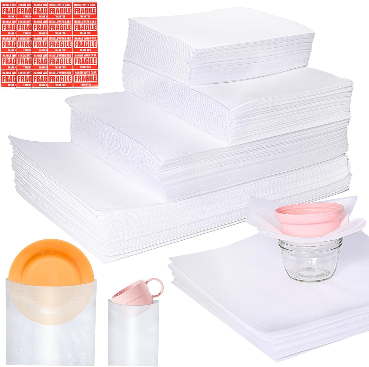 540 piezas de suministros para embalar platos para mudanzas, 270 bolsas y láminas de espuma protectora en 4 tamaños (16x12", 12x12", 12x7.8", 7.8x7.8") con 70 etiquetas de "Frágil". Fundas para embalar platos para envíos y almacenamiento de artículos