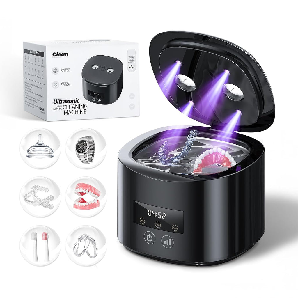 Máquina limpiadora ultrasónica de retenedores, cápsula de limpieza dental de 50 kHz con 4 lámparas UV para protectores nocturnos, aparatos de ortodoncia, alineadores, cepillos de dientes, protectores bucales, joyas