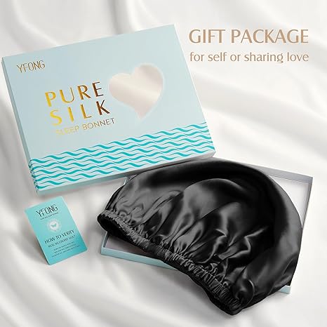 YFONG Gorro de doble capa 100% seda para mujer, 22 Momme pura seda de morera con banda elástica ajustable que se mantiene en la cabeza, reduce el encrespamiento, mantiene el peinado, suave y transpirable, negro.