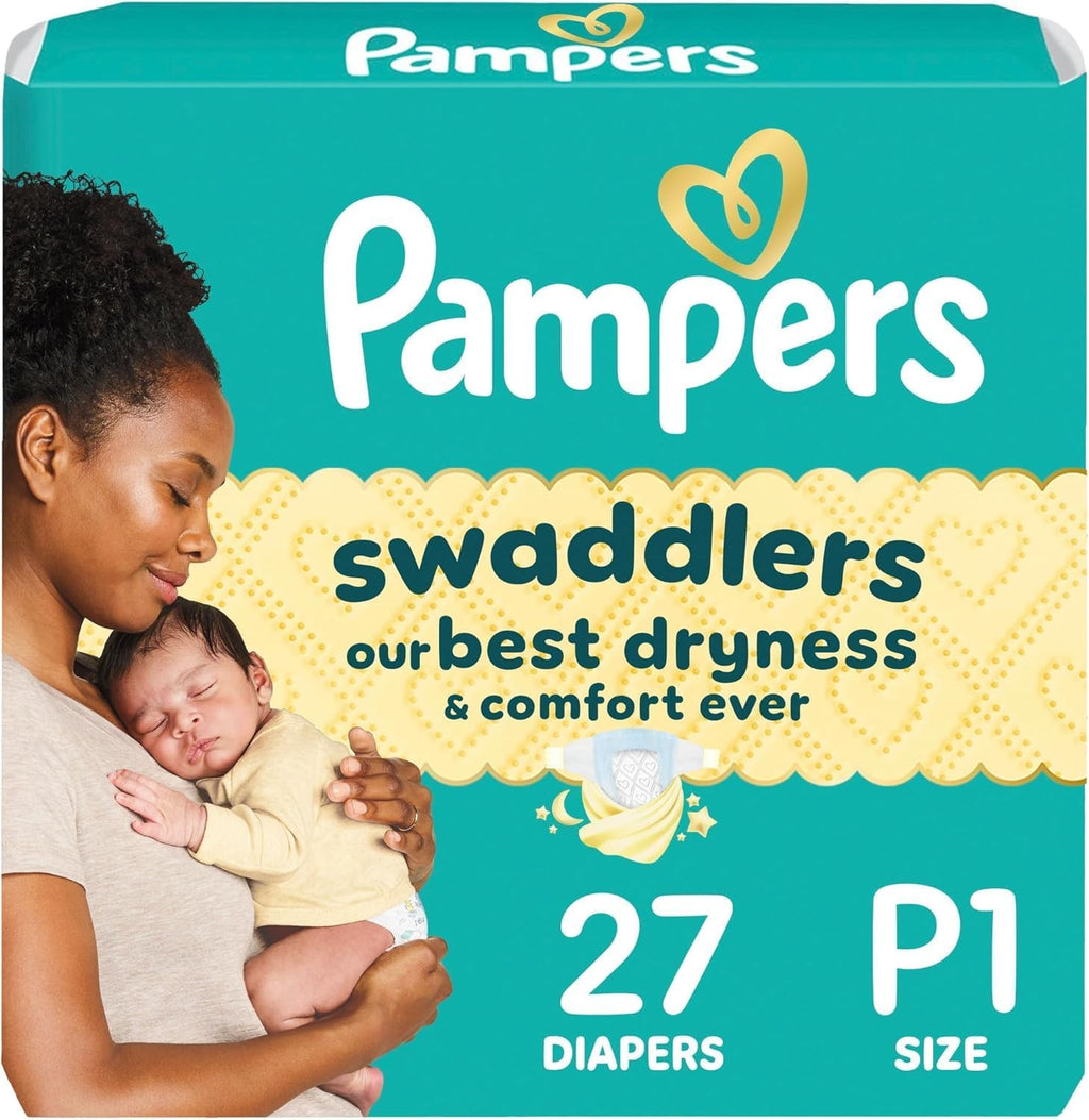 Pañales Pampers Swaddlers, Talla P1 (<6 lbs), 27 unidades, hipoalergénicos, absorbentes, mantienen al bebé seco y cómodo, pañales desechables para prematuros seguros para la piel.
