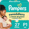 Pañales Pampers Swaddlers, Talla P1 (<6 lbs), 27 unidades, hipoalergénicos, absorbentes, mantienen al bebé seco y cómodo, pañales desechables para prematuros seguros para la piel.
